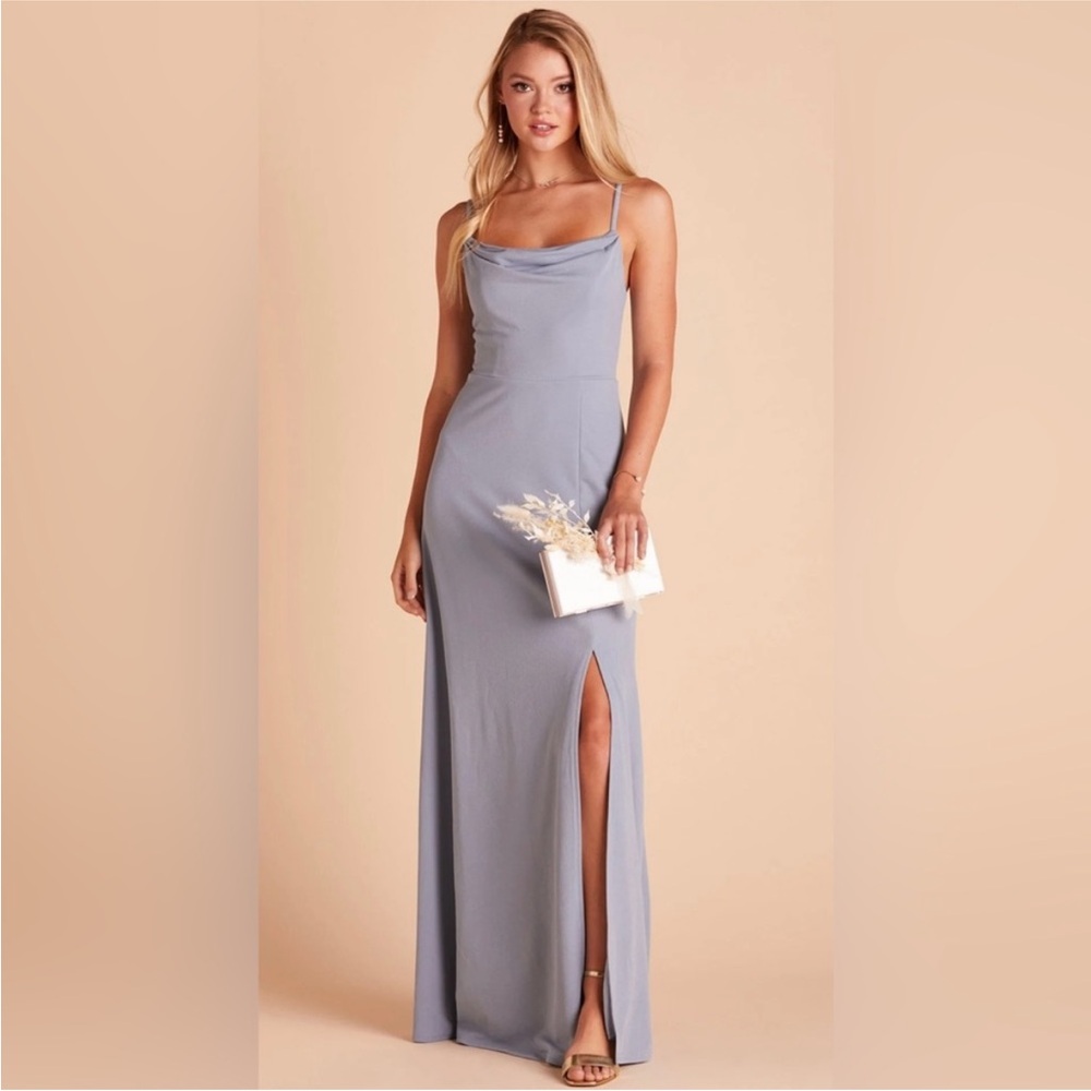 Birdy grey bridesmaids dress in dusty blue crepe material